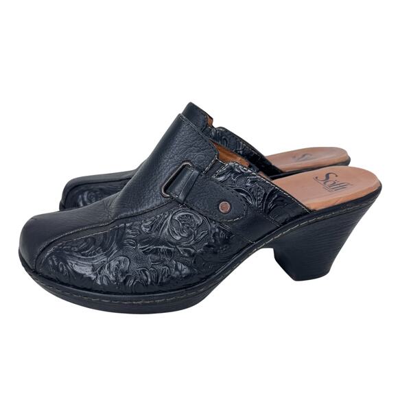 Sofft Mule Clog Womens US 10M Black Embossed Leather Block Heel Slip On 1042101 - Picture 2 of 11